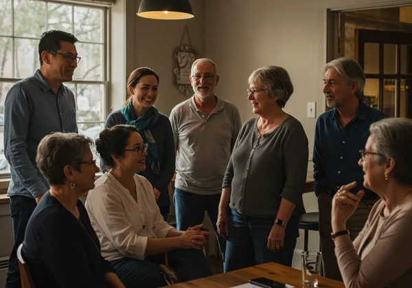 A diverse group of people connecting authentically in a comfortable setting