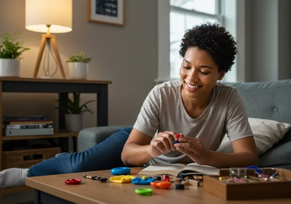 A person engaging joyfully in a quiet stimming activity