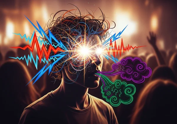 Person experiencing sensory overload in a loud environment.