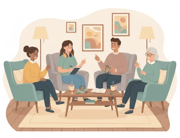 Diverse adults connecting in an autism support group